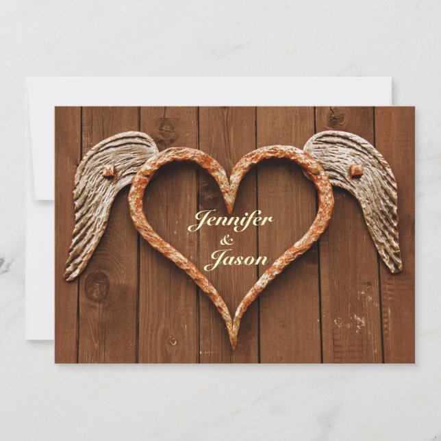 Rustic Heart med Vingar Wood Wedding Investigation Inbjudningar (Framsida)