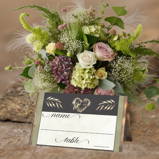 Rustic Heart & Monogram - Salvia Placeringskort (Skapare uppladdad)