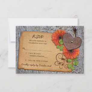 Rustic Heart Orange Daisy Landsbygdbröllop RSVP OSA Kort