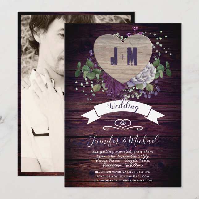 Rustic Heart PHOTO Wedding bjudande in Lila Wood Inbjudningar (Fram/baksida)