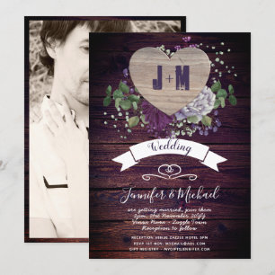 Rustic Heart PHOTO Wedding bjudande in Lila Wood Inbjudningar
