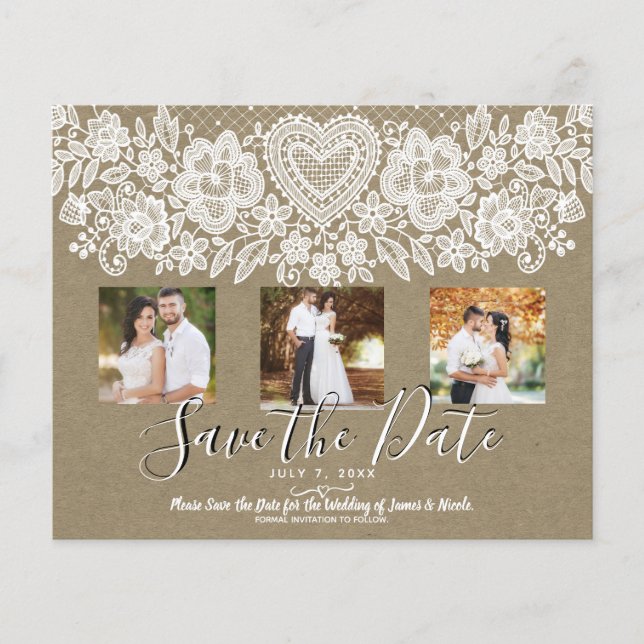 Rustic Heart Vitt Spets Kraft Foto Spara Datum (Framsida)