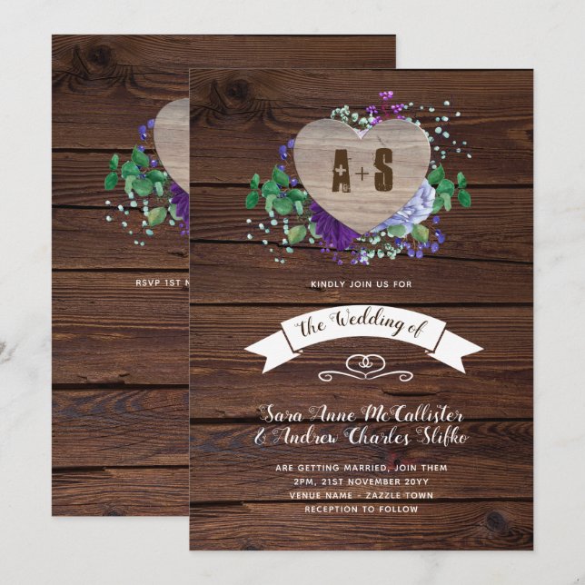 Rustic Heart Wedding-inbjudan Blue SV Inbjudningar (Fram/baksida)
