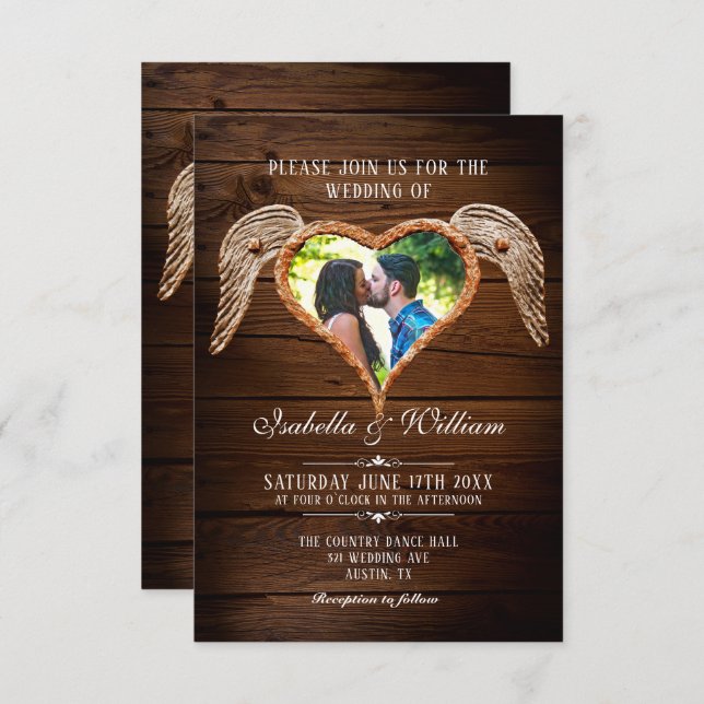 Rustic Heart Wood Photo Land Barn Bröllop Inbjudningar (Fram/baksida)
