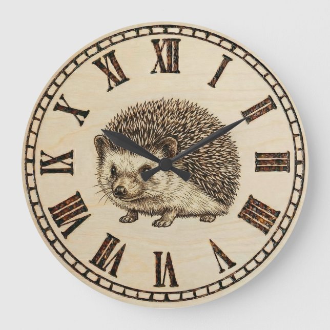 Rustic Hedgehog Wall Clock – Woodland Wooden Style Stor Klocka (Framsida)