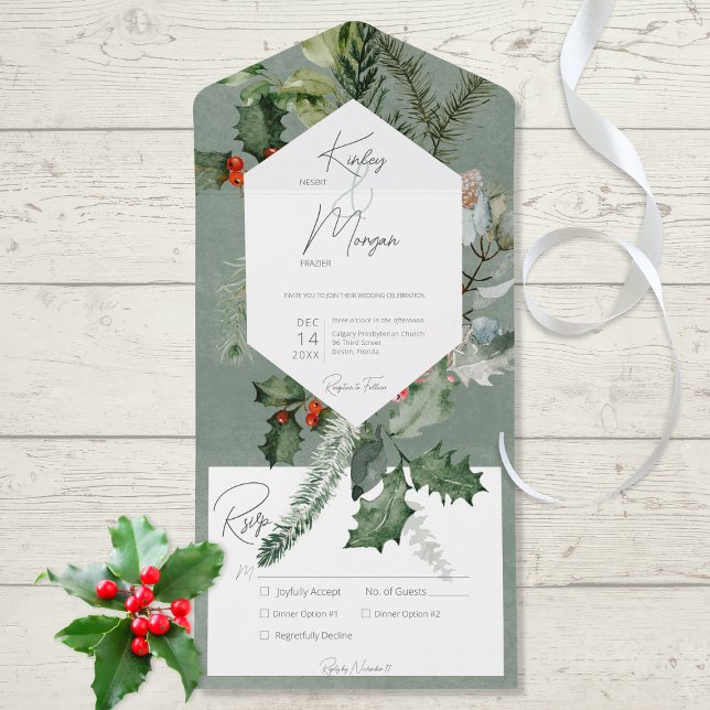 Rustic Helgdag Greenery & Red Berries Middag (Also available without dinner selection options or with a QR code.)