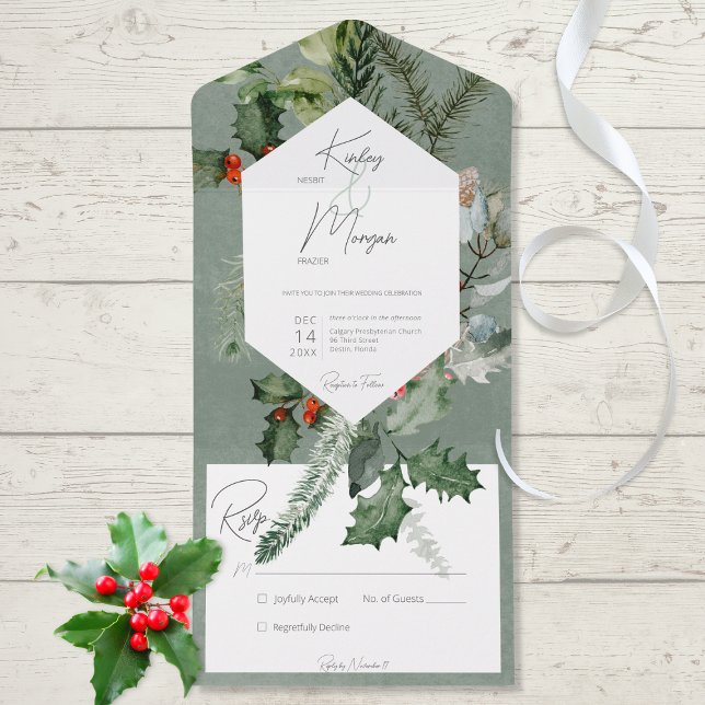 Rustic Helgdag Greenery & Red Berries No Middag (Also available with dinner selection options or with a QR code.)