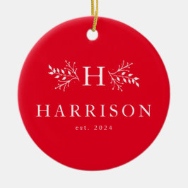 Rustic helgdag mongram rött nylodrätt foto julgransprydnad keramik