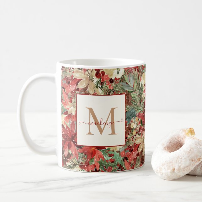 Rustic Helgdag Poinsettia jul Monogram Kaffemugg (Med munk)