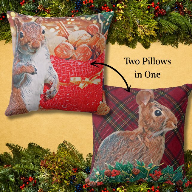 Rustic Helgdag Rabbit and Squirrel Dubbla Sided Kudde (With a squirrel on one side and a rabbit on the other, this Christmas accent pillow is versatile.)