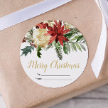Rustic Helgdag Sticker julklapp Gift Runt Klistermärke<br><div class="desc">Den här blommigten har ett vackert vattenfärgsdekal som är parat med ett guld-kalligrafteckensnitt och ett modernt typsnitt. Redigera alla formuleringar och typsnitt för att göra denna festliga märkre helt till din egen!</div>