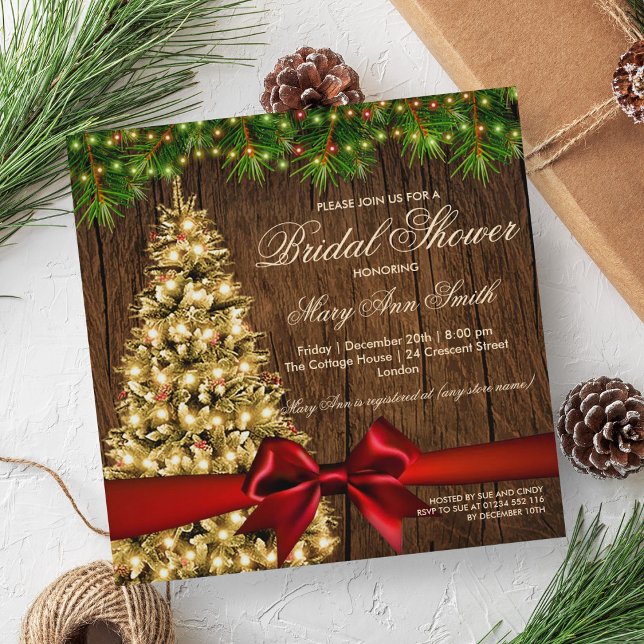 Rustic Helgdag Träd & Red Ribbon Inbjudningar (Rustic Holiday Bridal Shower Tree & Red Ribbon Invitation)