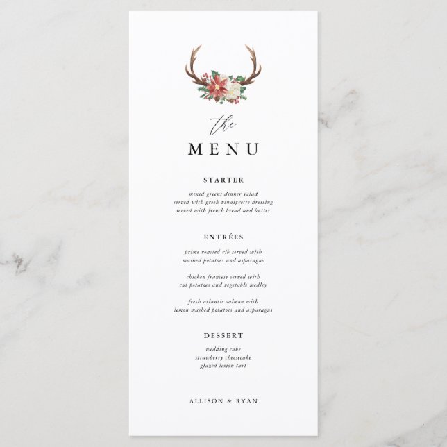 Rustic Helgdag Winter Wedding Bord Menu Meny (Framsida)