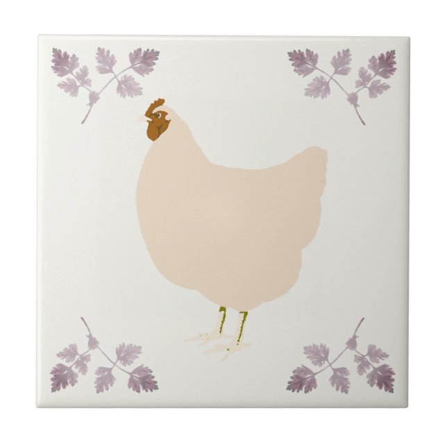 Rustic Hen Chicken and Chervil Herbs Ceramic Tile Kakelplatta (Framsidan)