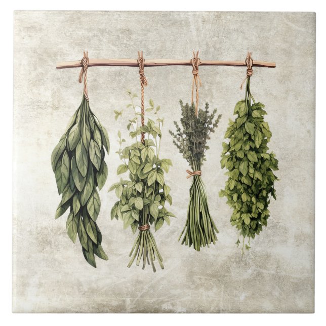 Rustic Herbs Drying on Twine Kakelplatta (Framsidan)