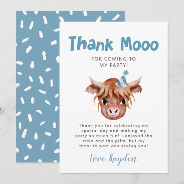 Rustic Highland Cow Boys Birthday Tack Kort (Fram/baksida)