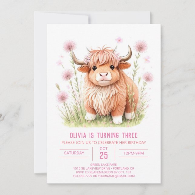 Rustic Highland Cow Farmyard Girl Birthday Inbjudningar (Framsida)