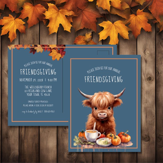 Rustic Highland Cow Friendsgiving Inbjudan vykort (Skapare uppladdad)