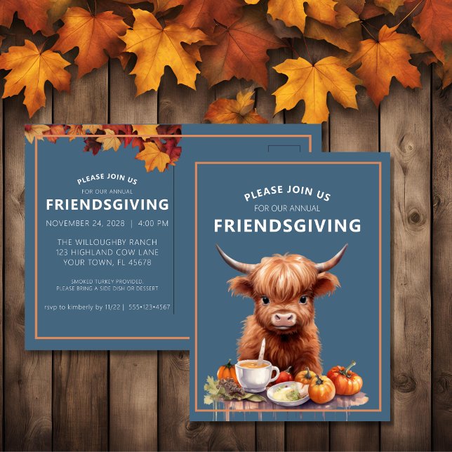 Rustic Highland Cow Friendsgiving Inbjudan vykort (Skapare uppladdad)