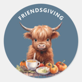 Rustic Highland Cow Friendsgiving Stickers (blå) Runt Klistermärke