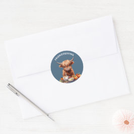 Rustic Highland Cow Friendsgiving Stickers (blå) Runt Klistermärke
