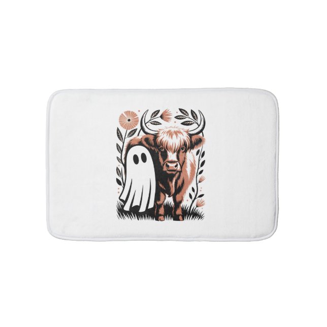Rustic Highland Cow Ghost Halloween Badrumsmatta (Framsidan)