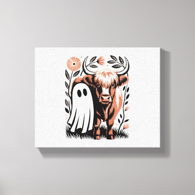 Rustic Highland Cow Ghost Halloween Canvastryck (Framsida)