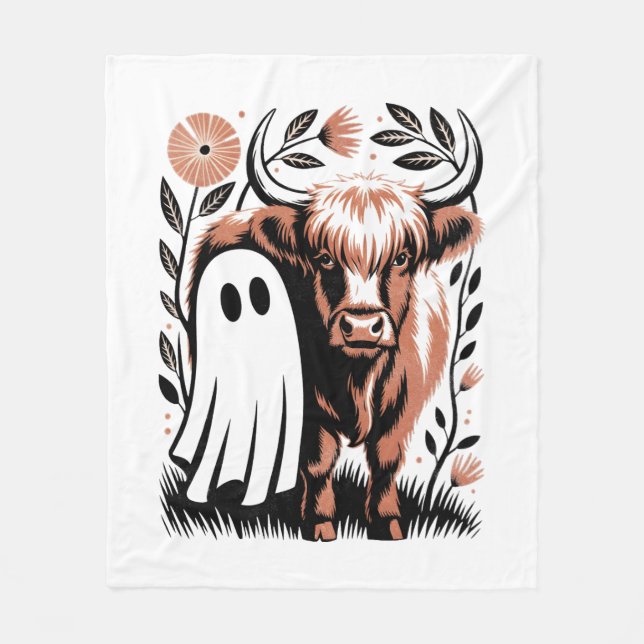Rustic Highland Cow Ghost Halloween Fleecefilt (Framsidan)