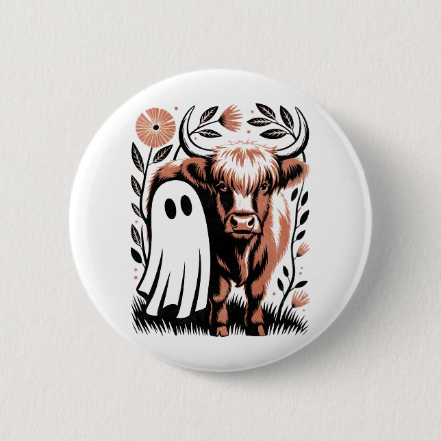 Rustic Highland Cow Ghost Halloween Knapp (Framsida)