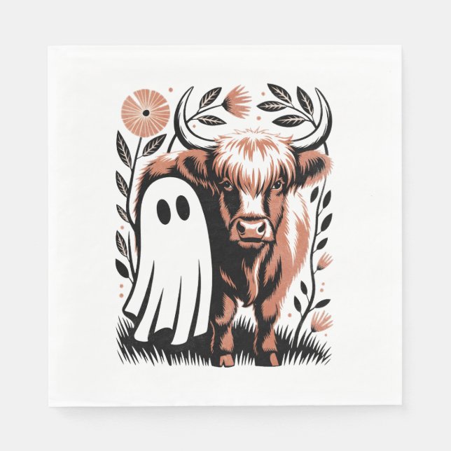 Rustic Highland Cow Ghost Halloween Pappersservett (Framsidan)