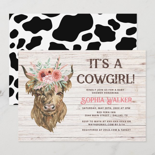 Rustic Highland Cow Girl Shower Inbjudningar (Fram/baksida)