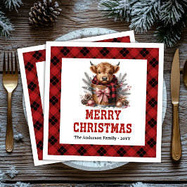 Rustic highland cow holiday napkins buffalo plaid  pappersservett