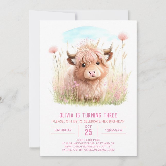Rustic Highland Cow Rosa Party Birthday Inbjudningar (Framsida)