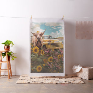 Rustic Highland Cow Vintage Lastbil Solblommor Tyg
