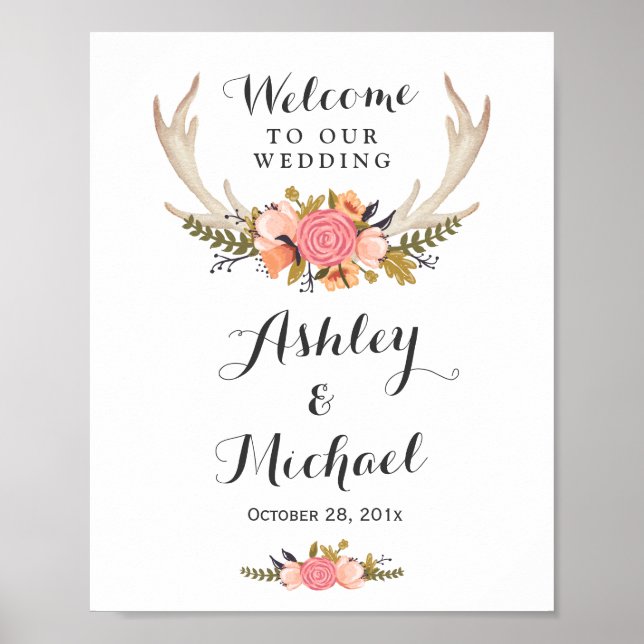 Rustic Hjort Antler Blommigt Wedding Reception Sig Poster (Framsidan)