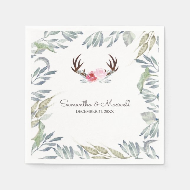 RUSTIC Hjort Antler och Rosa ros Pappersservett (Framsidan)