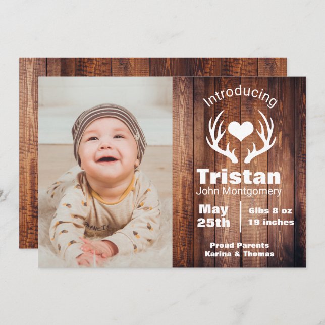 Rustic Hjort Antlers Barn Wood Birth Notice Inbjudningar (Fram/baksida)