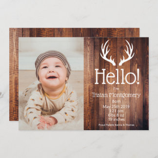 Rustic Hjort Antlers Barn Wood Birth Notice Inbjudningar