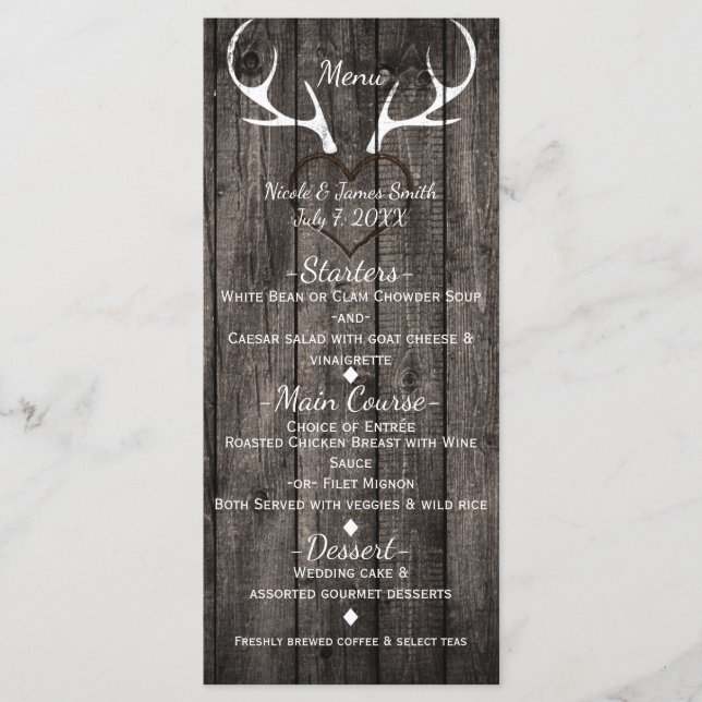 Rustic Hjort Antlers & Carved Heart Bröllop Menu Meny (Framsida)
