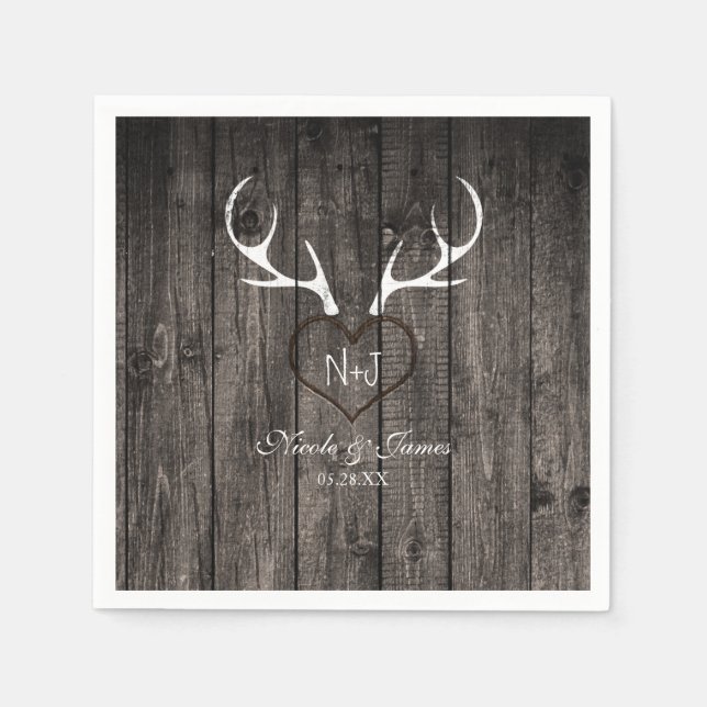 Rustic Hjort Antlers & Carved Heart Bröllop Napkin Pappersservett (Framsidan)