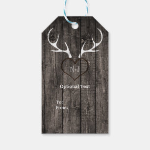 Rustic Hjort Antlers & Carved Heart Bröllop Presentetikett