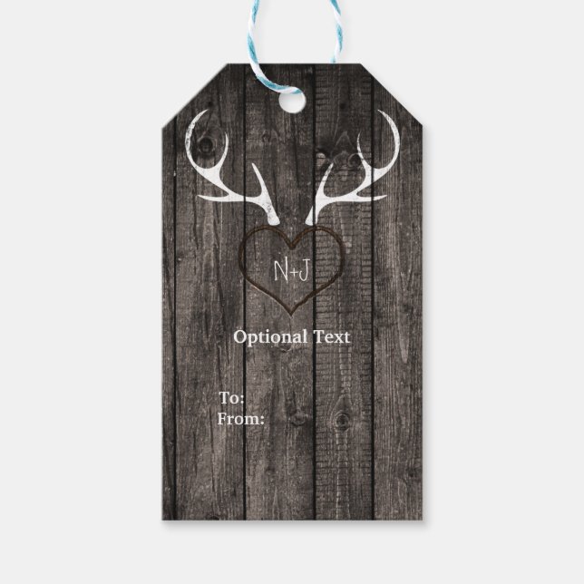 Rustic Hjort Antlers & Carved Heart Bröllop Presentetikett (Framsidan)