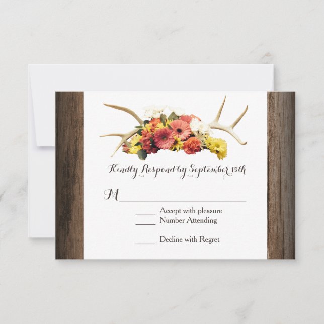 Rustic Hjort Antlers Daisy Wood Bröllop OSA Card Kort (Framsida)