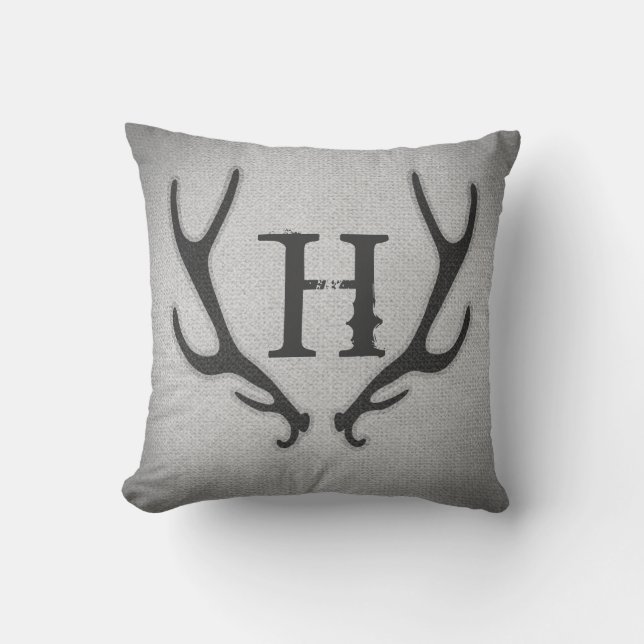 Rustic Hjort Antlers Grått Faux Burlap Struktur Kudde (Framsida)