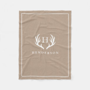 Rustic Hjort Antlers Monogram Burlap Fleecefilt