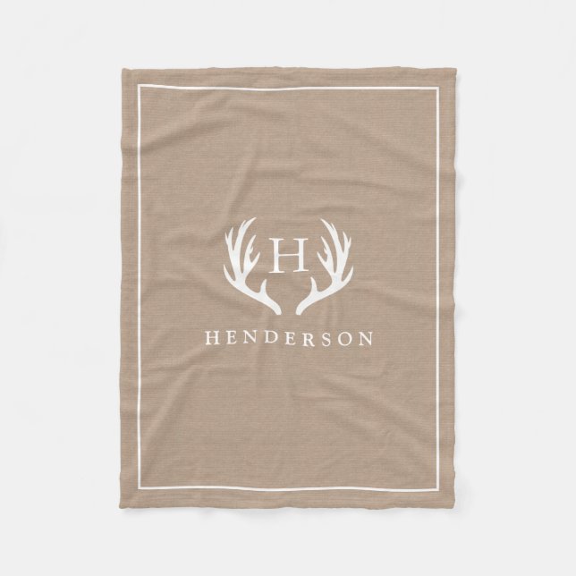 Rustic Hjort Antlers Monogram Burlap Fleecefilt (Framsidan)