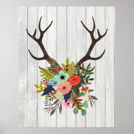 Rustic Hjort Antlers with Flowers Poster