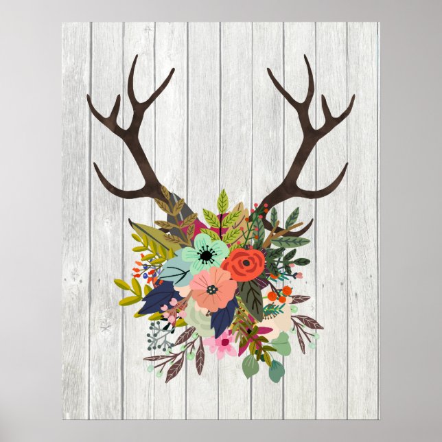 Rustic Hjort Antlers with Flowers Poster (Framsidan)
