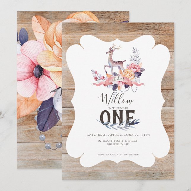 Rustic Hjort Birthday Inbjudningar (Fram/baksida)