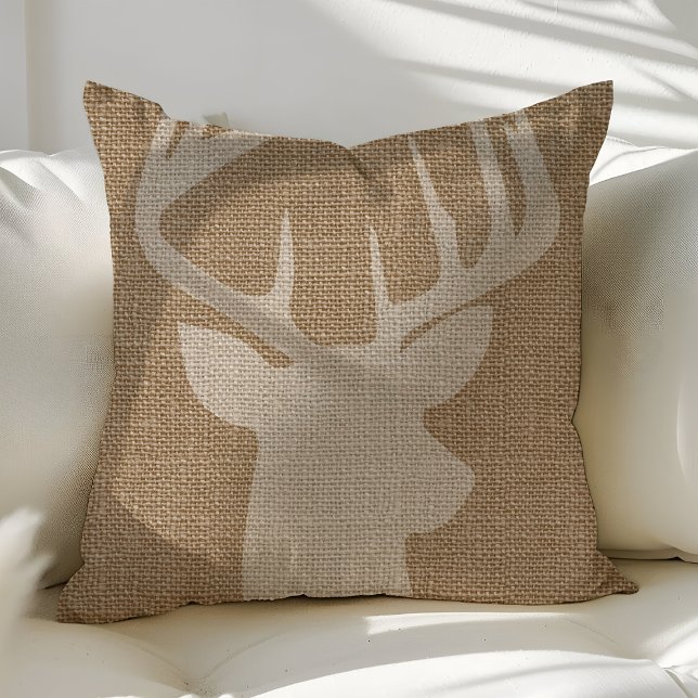 Rustic Hjort Buck Burlap Dekorativ kudde (Skapare uppladdad)